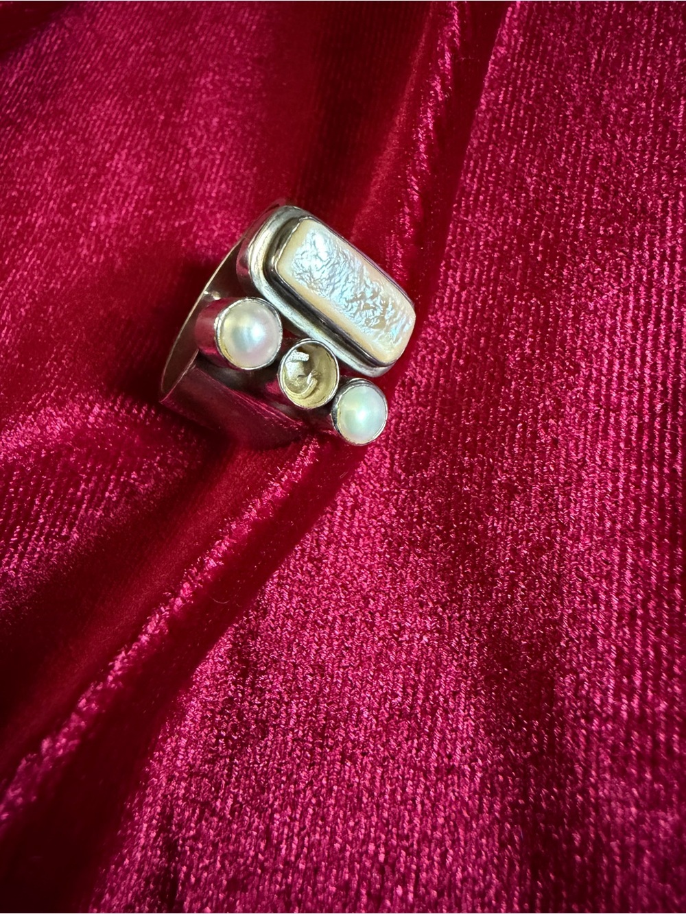 Vintage Unique 925 Sterling Silver Pearl Mother Of Pearl Ring